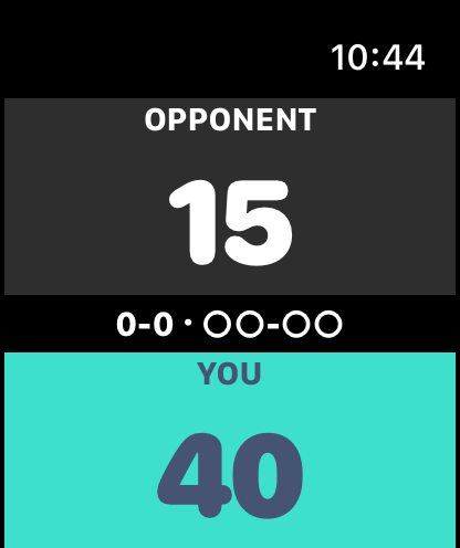 Live scoreboard mid-game: opponent 15, you 40, with set and game markers.